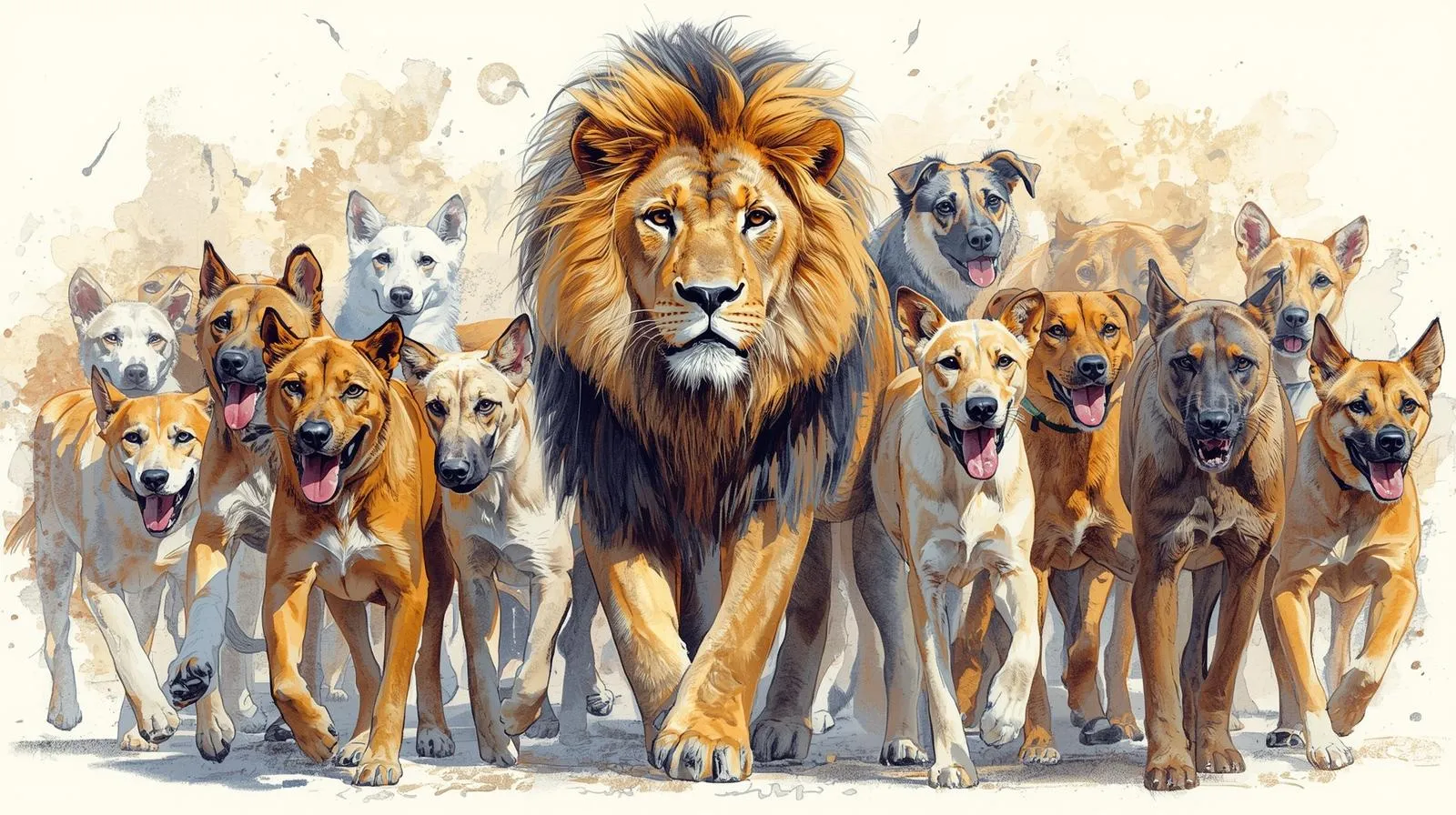 One lion as leader of 100 dogs