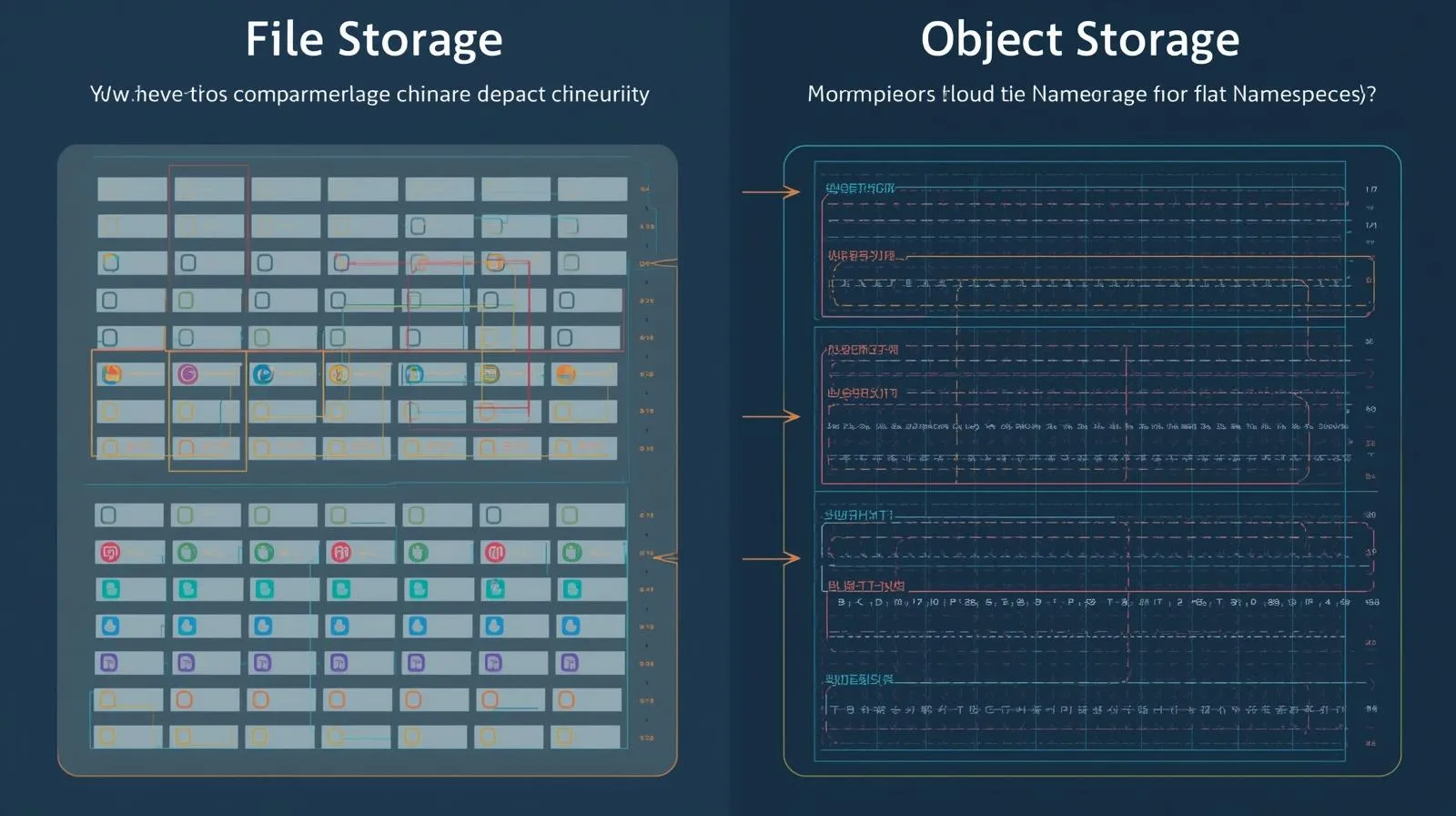 Diagram perbandingan arsitektur File Storage dengan hierarchical structure dan Object Storage dengan flat namespace - Cloud storage paradigms comparison