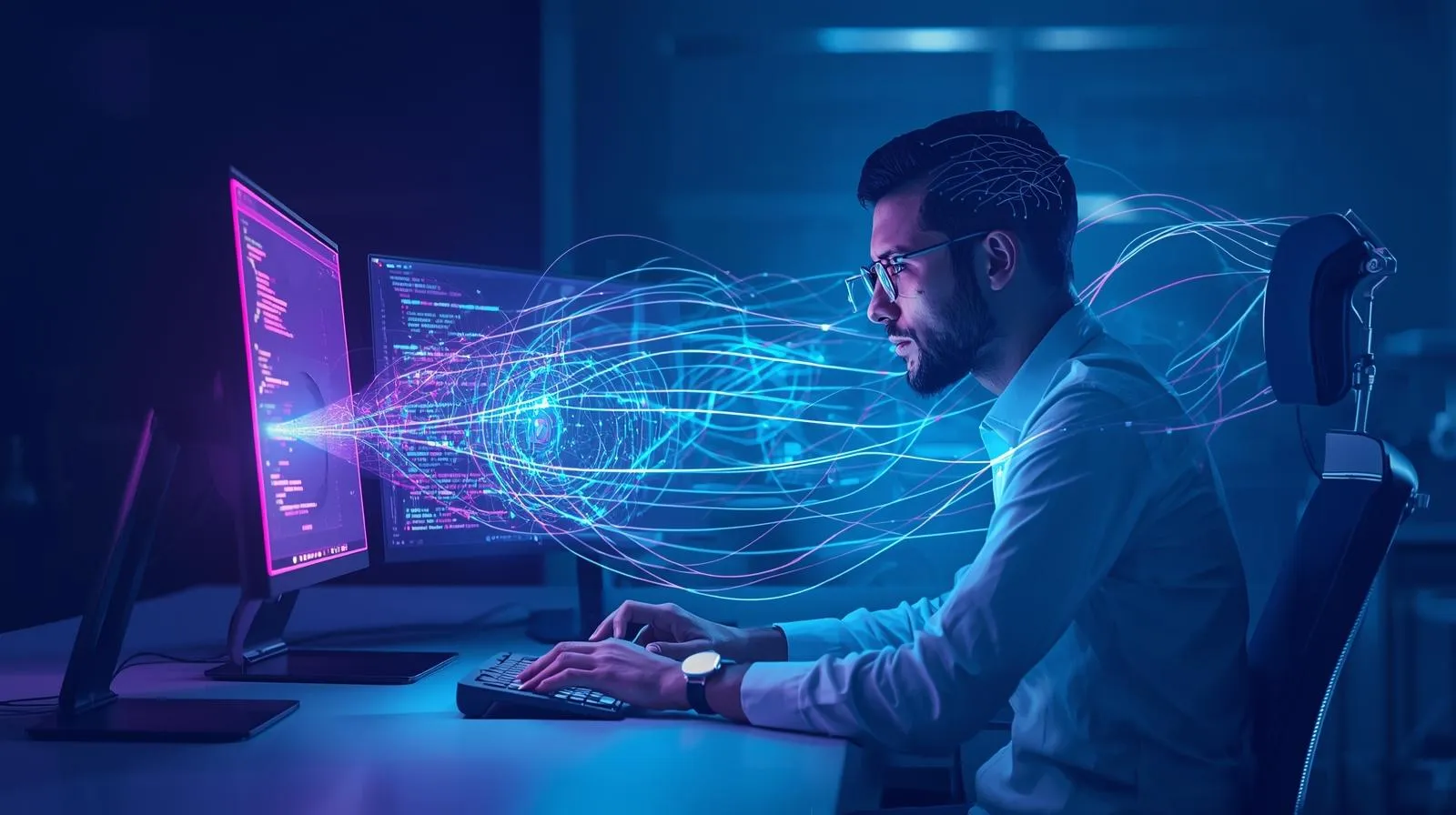 Ilustrasi developer bekerja dengan AI assistant menghasilkan kode - Vibe Coding trend 2025 - Kolaborasi manusia dan AI dalam software development-2